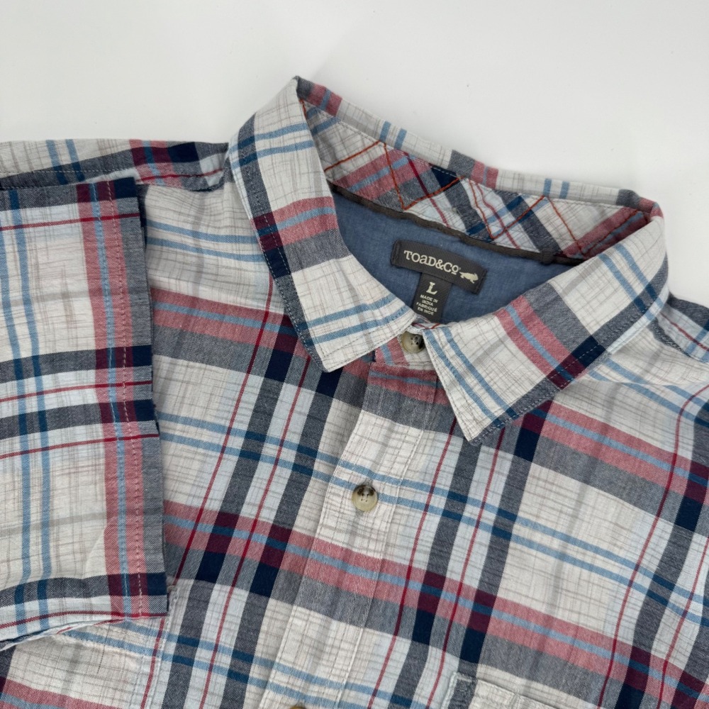 TOAD&CO Mens Plaid Short Sleeve Button Up Shirt Size Large‎ Red Blue White